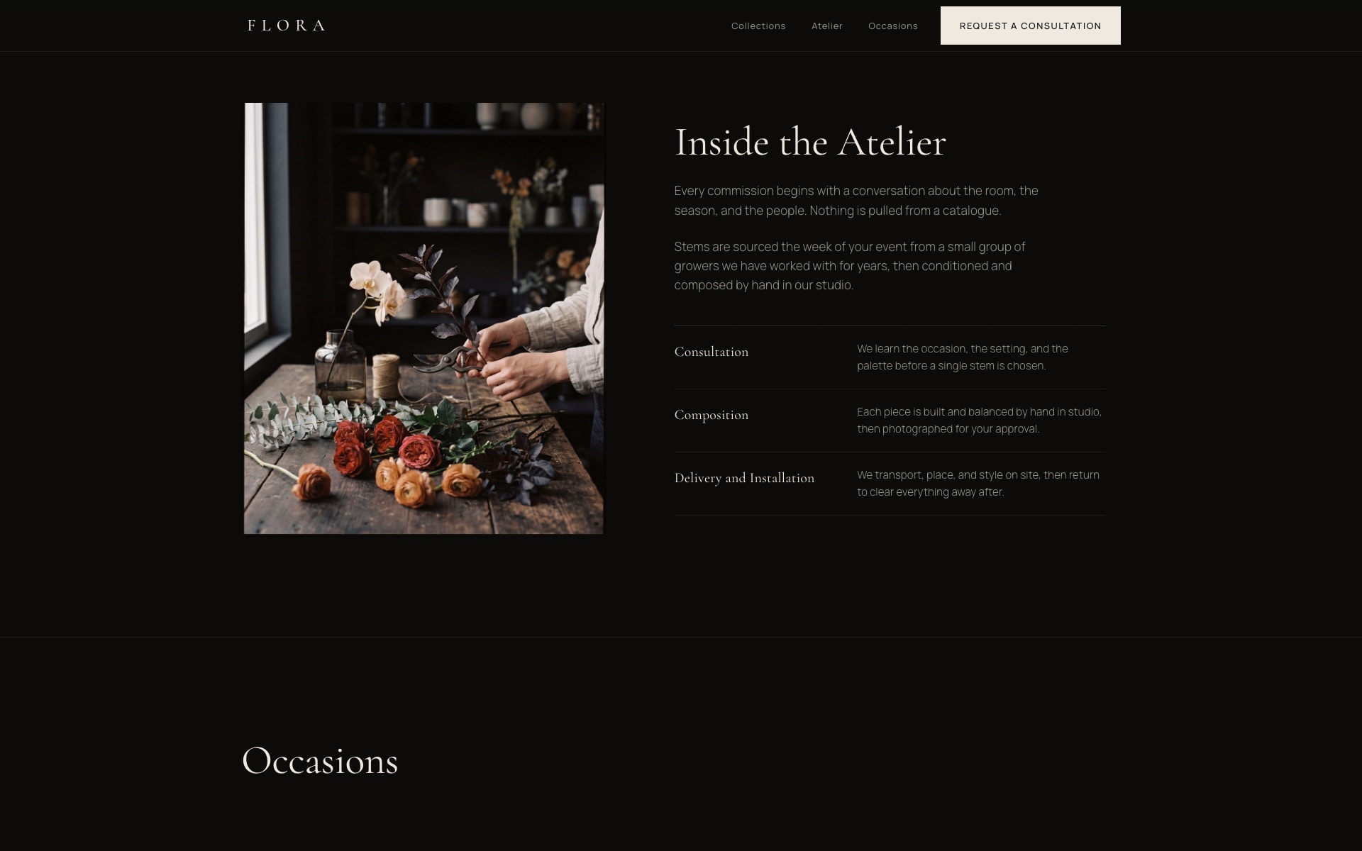 Flora's 'Inside the Atelier' section: hands conditioning stems over the consultation, composition and delivery steps.