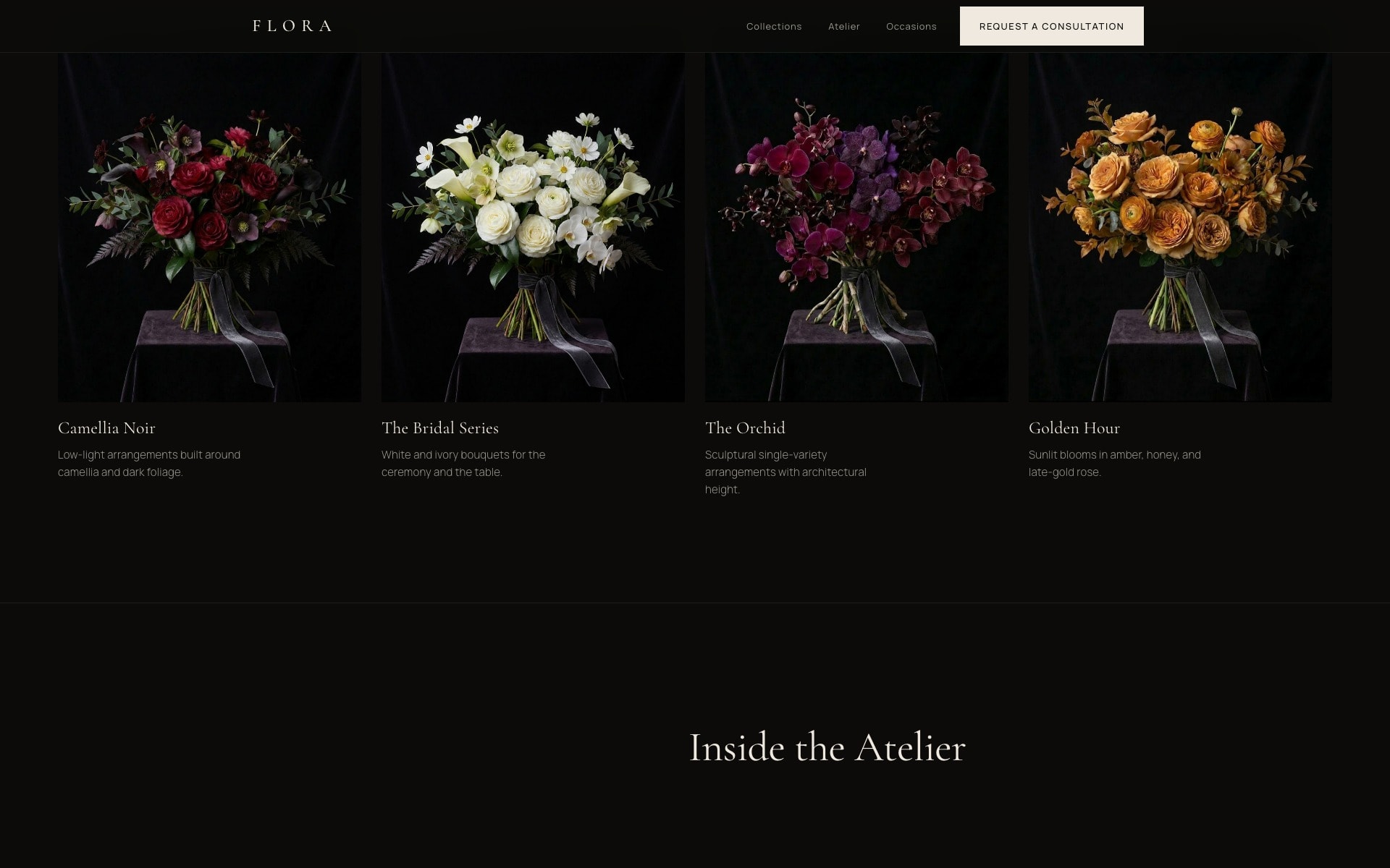 Flora's 'Signature Collections' section: four arrangement cards, each a single botanical idea.