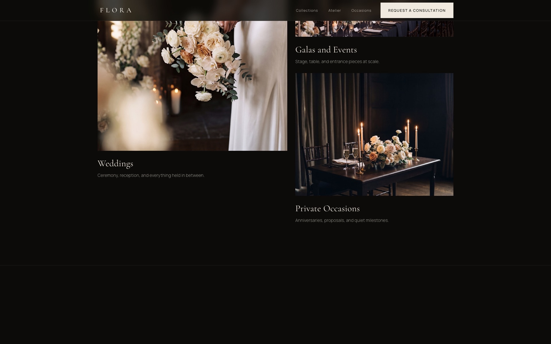 Flora's 'Occasions' section: weddings, galas and private occasions shown as three moods.