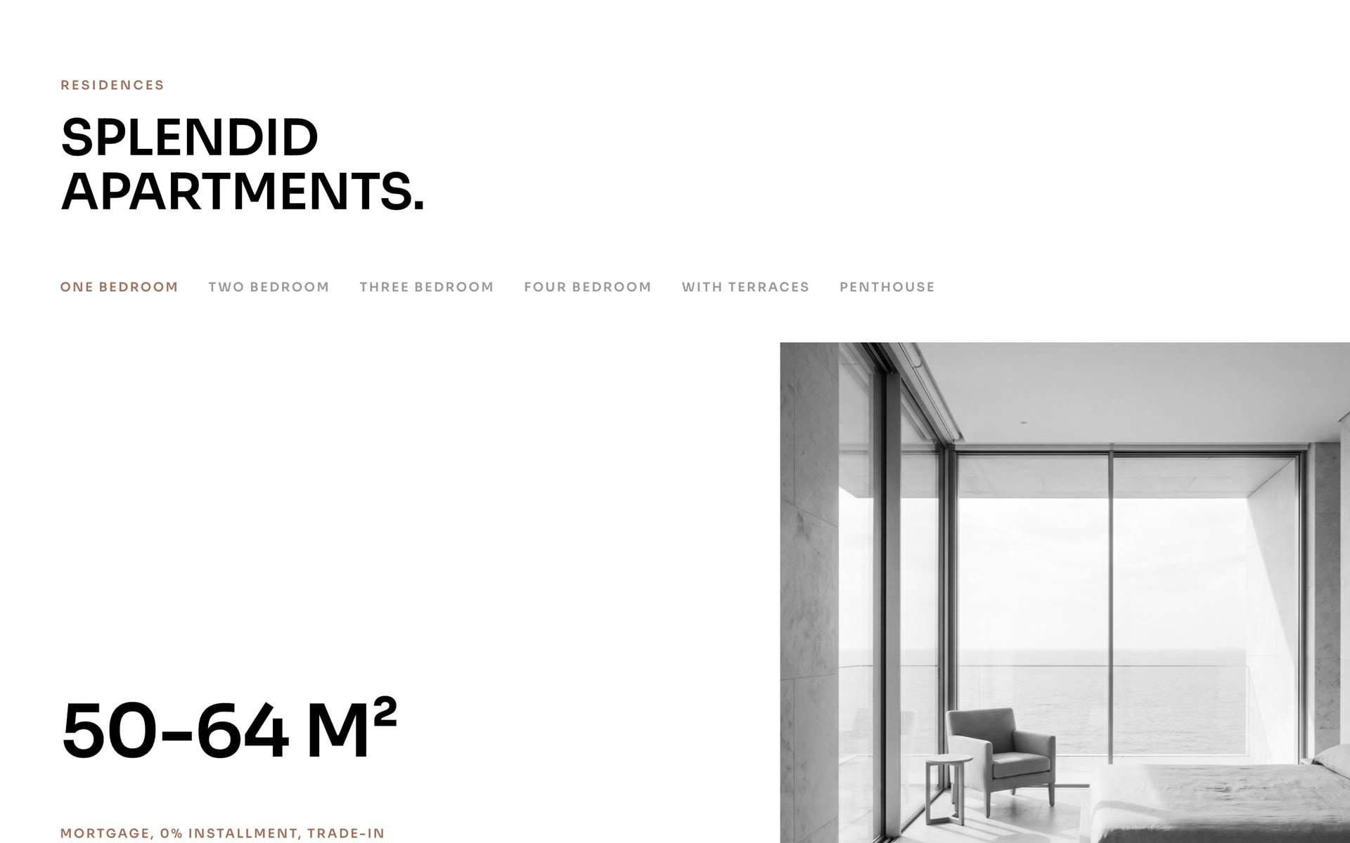 SOLENNE Nº4's 'Splendid apartments' section: a unit selector with type tabs, a size, and a marble interior.