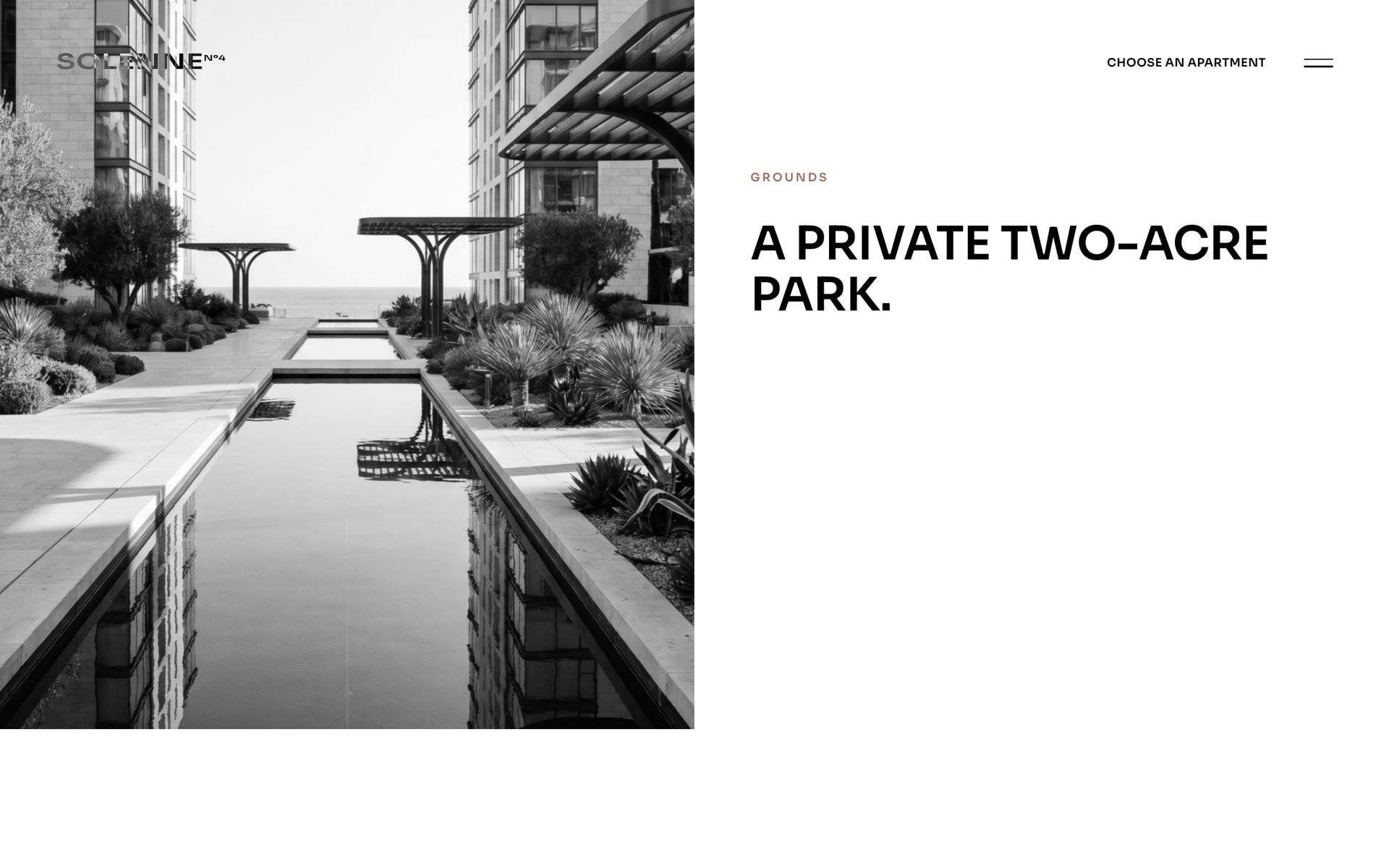 SOLENNE Nº4's grounds: a reflecting pool and landscaped park between the towers.