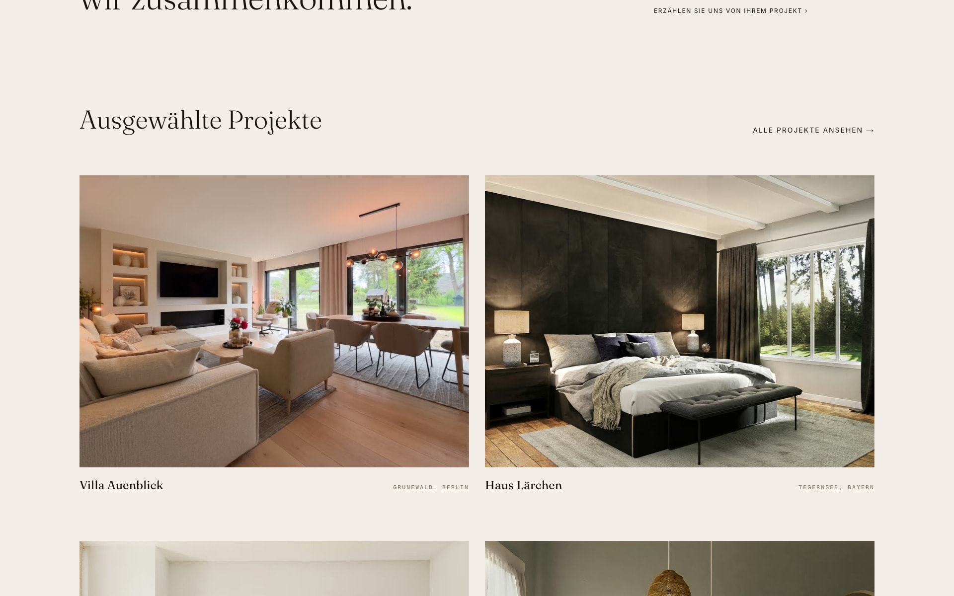 Studio Halm's 'Ausgewählte Projekte' section: a two-by-two grid of interiors, each with a project name and a location.