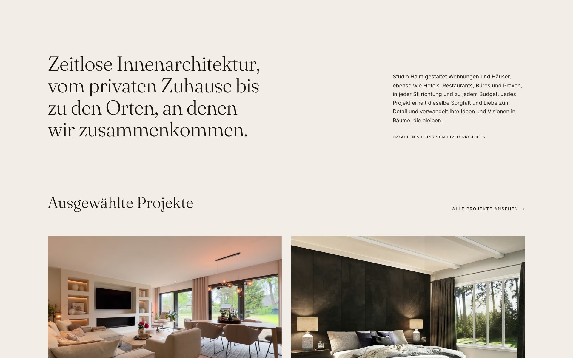 Studio Halm's opening statement: a large serif line, 'Zeitlose Innenarchitektur', beside a short paragraph, above the 'Ausgewählte Projekte' heading.