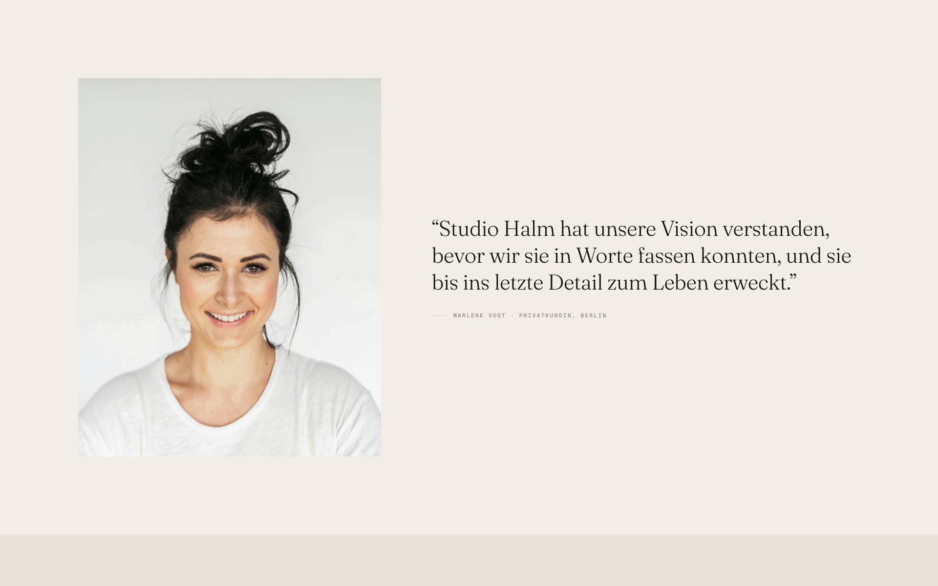 Studio Halm's testimonial: a portrait beside a large serif quote from a private client in Berlin.